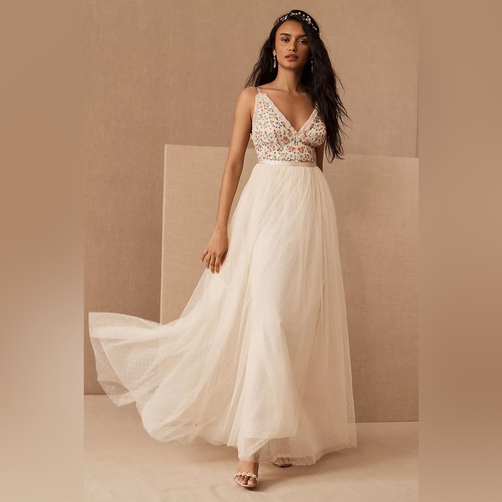 BHLDN Needle & Thread Ivory Tulle A-Line Wedding Dress with Floral Beaded Bodice